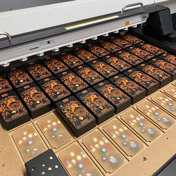 Picture of our UV Printer the first batch of Wurm 2 pedals at the KMA factory in Berlin, 2022